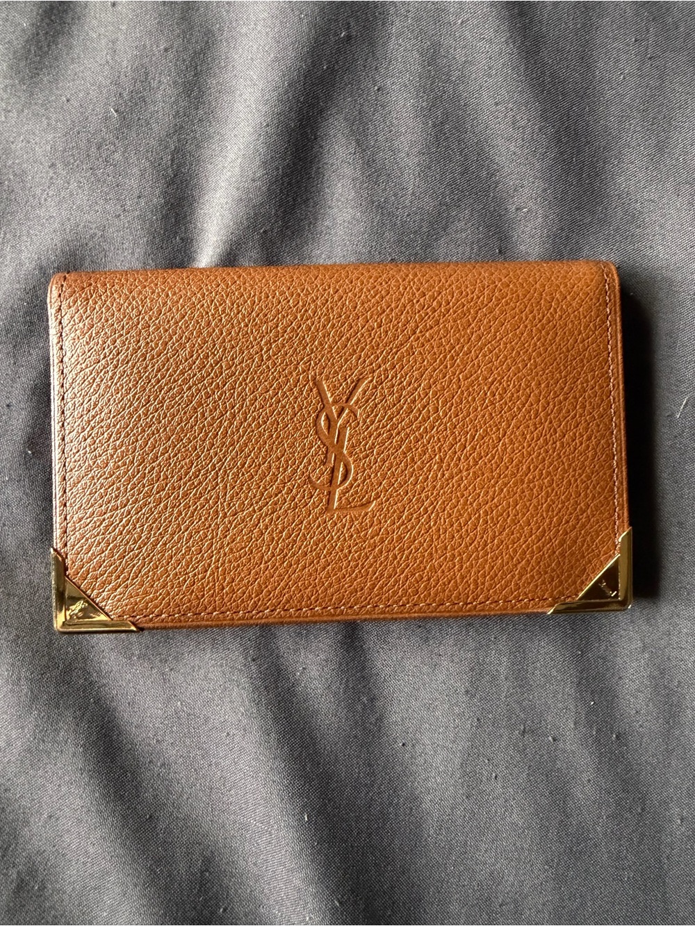 Yves Saint Laurent Tan Grained Leather Card Holder with Gold Corner Accents